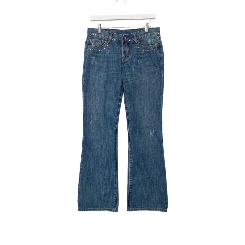 X2 Denim Laboratory Jeans Size 29 Medium Wash Low Rise Flare Leg Studded Embroid